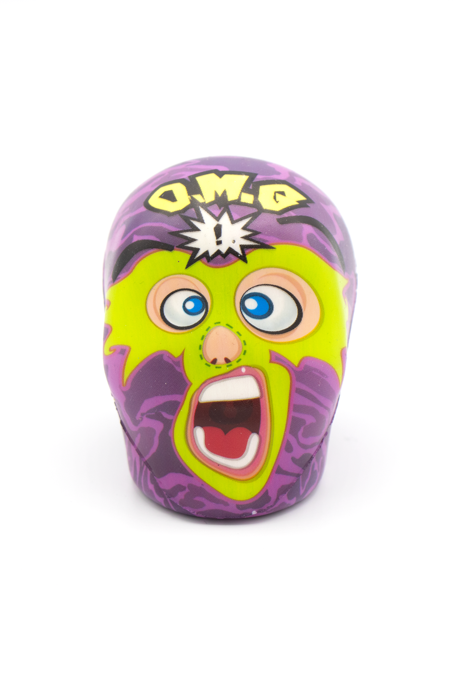 Pallina Antistress a forma di wrestler messicano viola e verde con decorazioni mimetiche