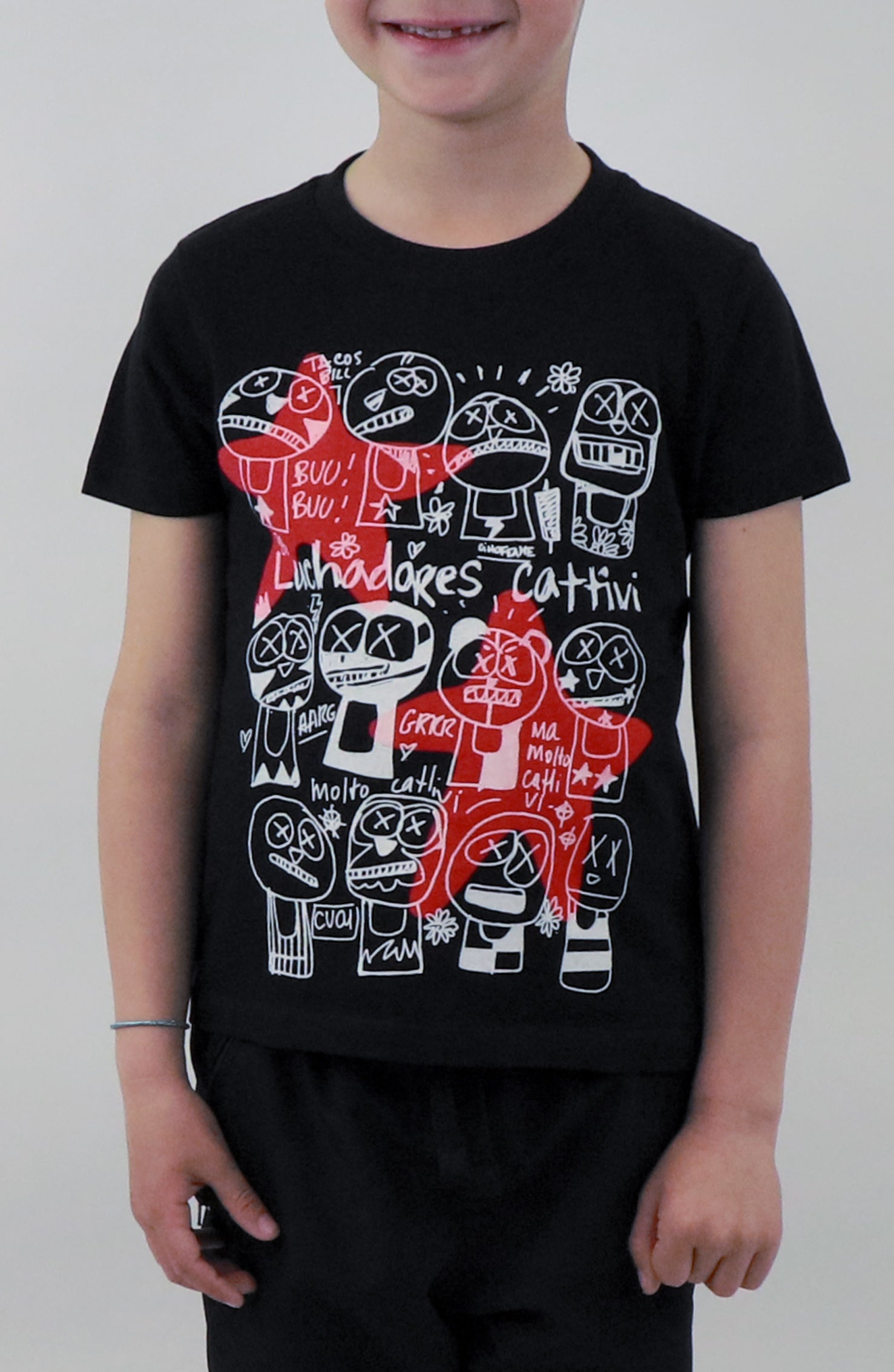 T-shirt artigianale nera da bambino con luchadores disegnati da Dr Stamp