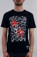 T-shirt artigianale nera da uomo con luchadores disegnati da Dr Stamp