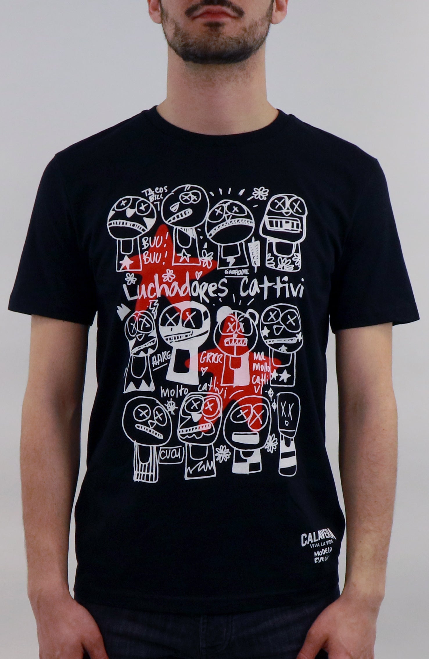 T-shirt artigianale nera da uomo con luchadores disegnati da Dr Stamp