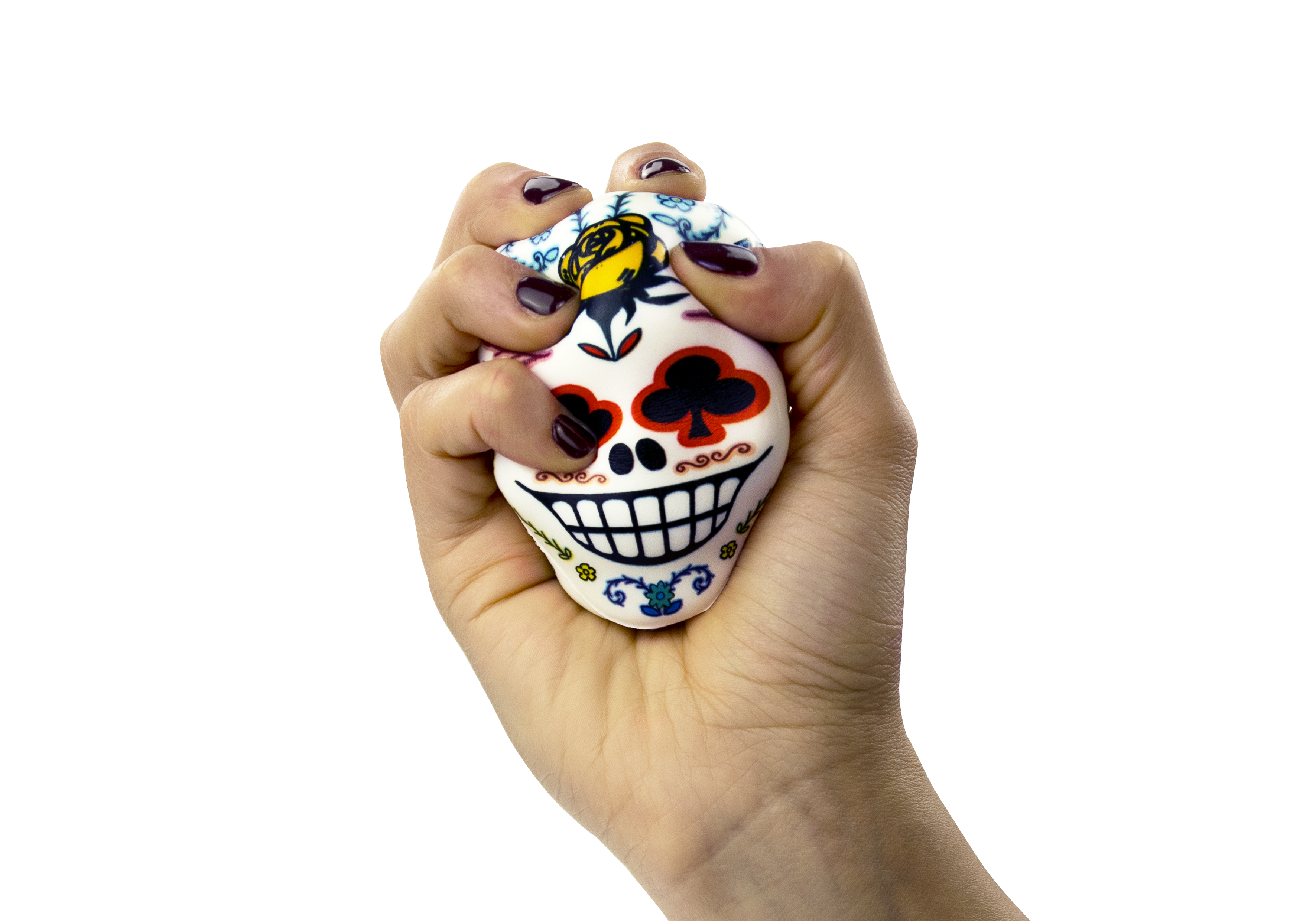 Pallina Antistress a forma di teschio bianco con occhi floreali