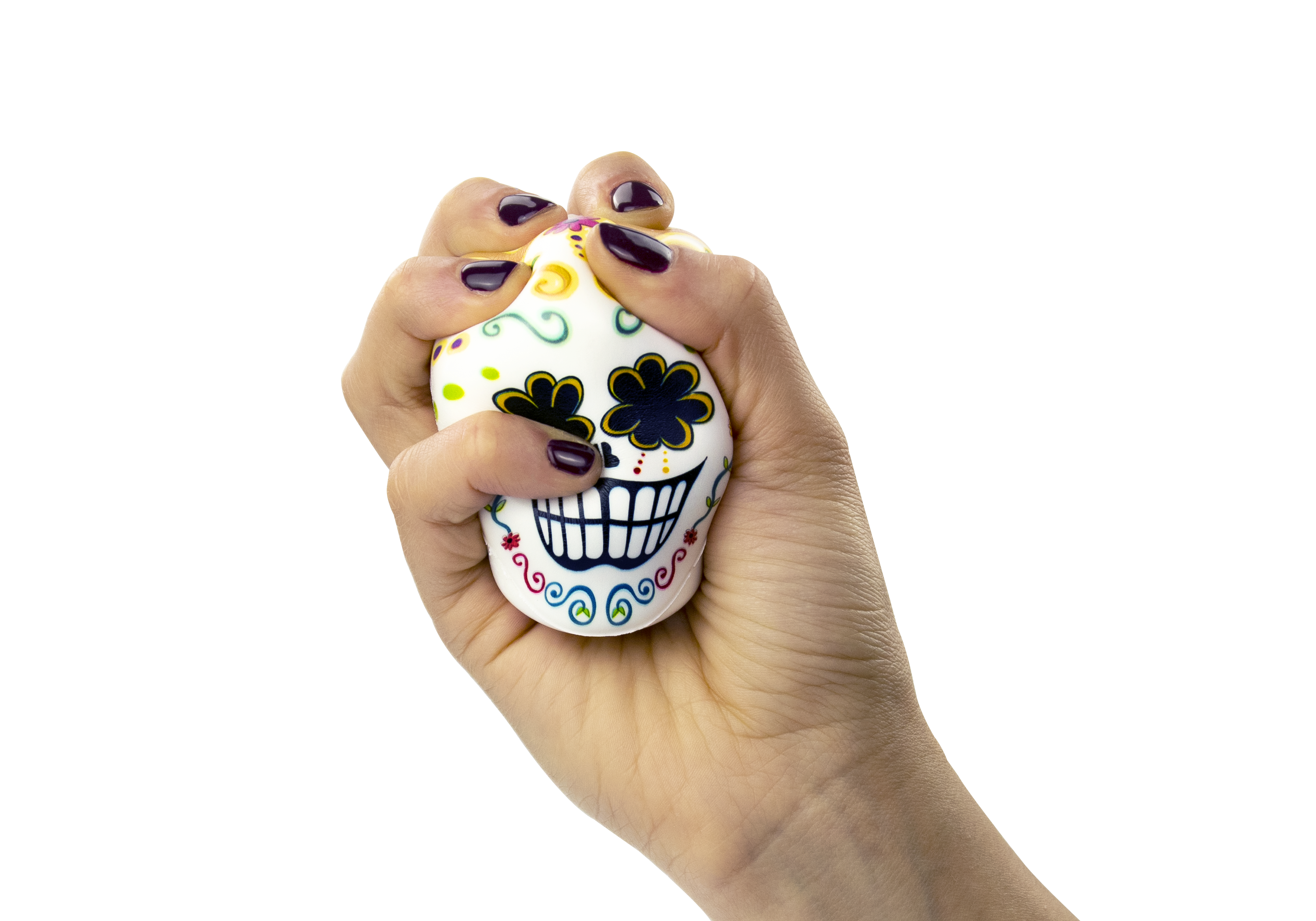 Pallina Antistress a forma di teschio bianco con decorazioni floreali multicolor