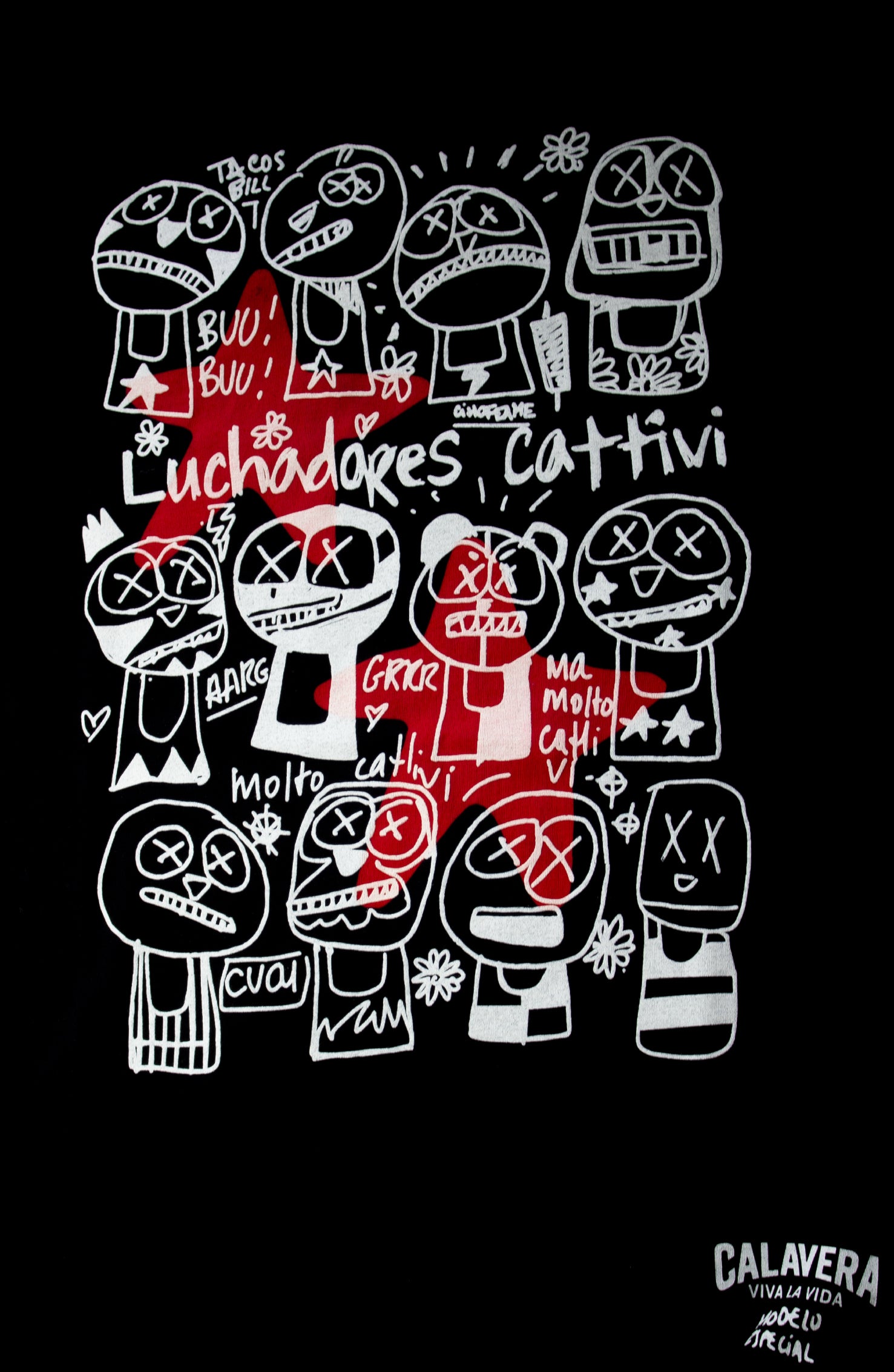 T-shirt artigianale nera da uomo con luchadores disegnati da Dr Stamp