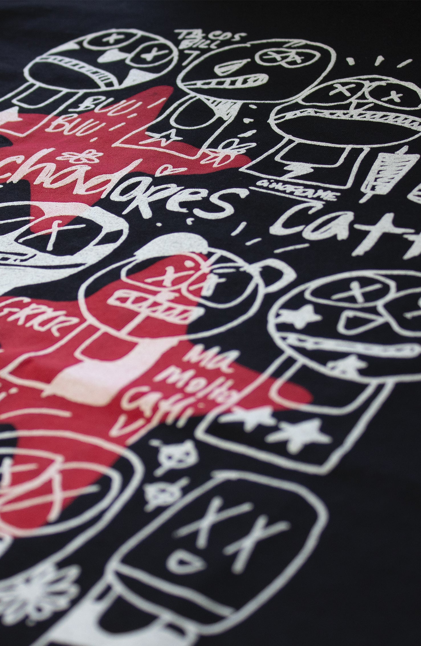 T-shirt artigianale nera da uomo con luchadores disegnati da Dr Stamp